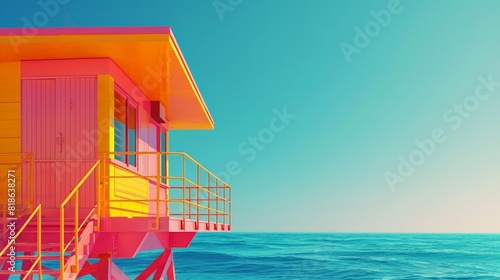 A vibrant, colorful lifeguard tower stands overlooking the ocean on a sunny day, symbolizing beach safety and coastal charm.