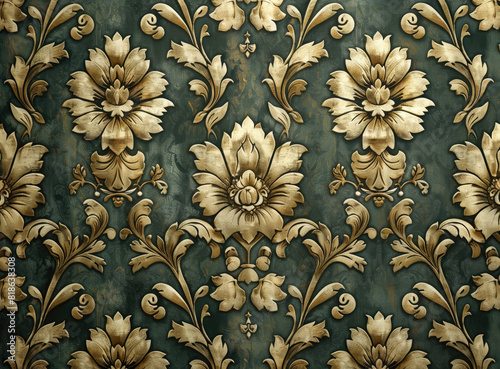 Vintage dark green and gold floral damask wallpaper pattern. Created with Ai