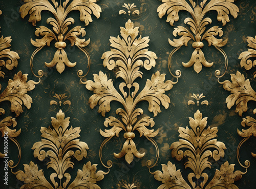 Vintage pattern, damask wallpaper, gold and dark green. Created with Ai