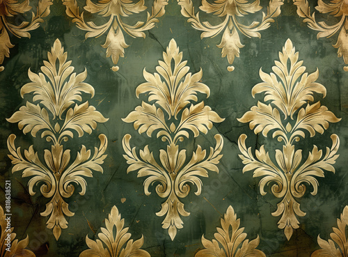 A damask pattern in dark green and beige, with an elegant floral design. Created with Ai 