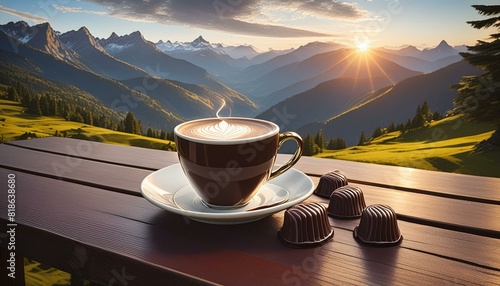 chocolates and a cup of cappuccino on a brown wooden table on the mountain