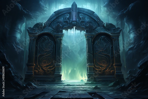 A dark and mysterious door. The door is made of stone and has a large, intricate design carved into it. The door is slightly ajar.