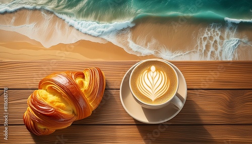 breakfast with cappuccino and croissant on a brown wooden table on the beach