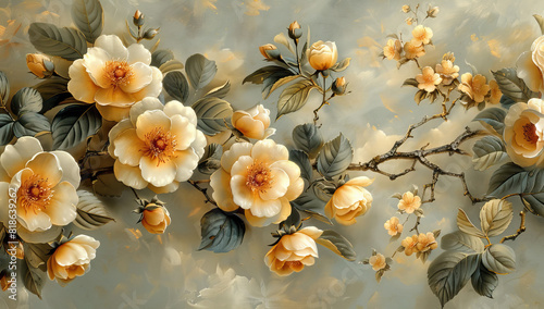Rococo style, oil painting of yellow flowers on grey background. Created with Ai