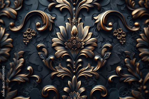 Dark background, European style decorative relief pattern with gold decoration on the wall. Created with Ai