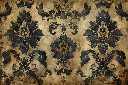 Vintage victorian wallpaper, damask pattern, dark and light brown background with black floral design. Created with Ai