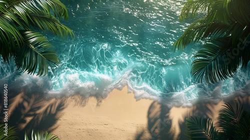 Crystal-clear waves lapping against golden sands, framed by lush palm trees.