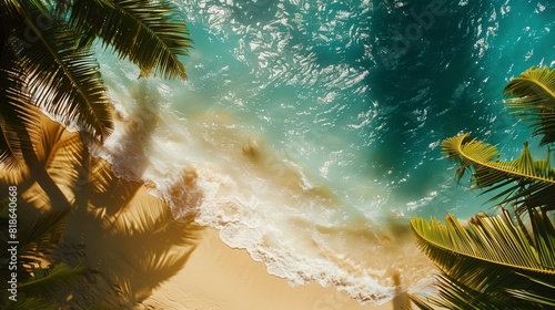 Crystal-clear waves lapping against golden sands, framed by lush palm trees.