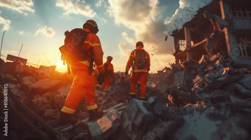 Emergency responders collaborating on a rescue operation in a collapsed building, working tirelessly to save trapped survivors.