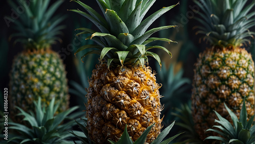 There are several pineapples on a dark blue background. The pineapples are yellow and green, and have spikey leaves at the top.