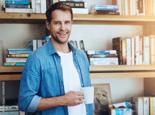 Portrait, home office and man with coffee, smile and researcher with project, white mug and relaxing. Face, happy person and reader in study, morning tea and espresso in cup, cappuccino and bookshelf