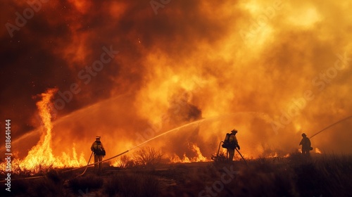 Firefighters battling a raging wildfire, using hoses and fire retardant to protect homes and communities.