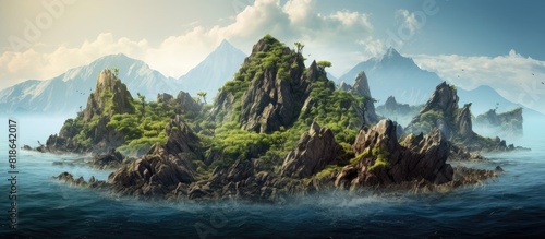 A tiny island with rocky terrain. Creative banner. Copyspace image