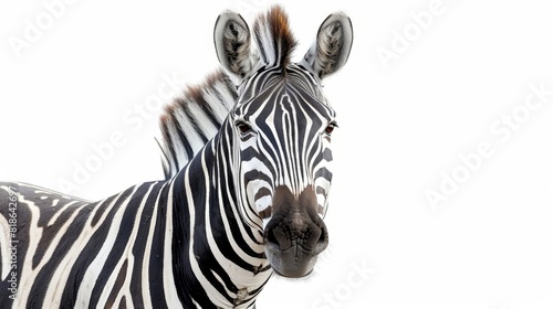 Portrait of a zebra looking at camera. on white background. Wild animals' protection concept. Selective focus. Copy space. Place for text. Generative AI.
