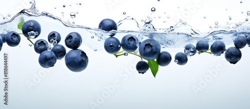 A white background copy space image showcases organic blueberries submerging in water alongside air bubbles