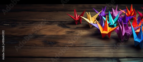 Colorful origami cranes arranged on a dark wooden surface with ample copy space for an image