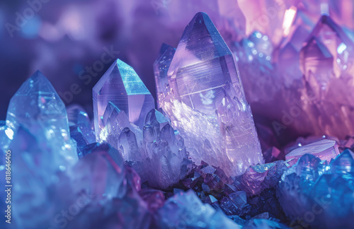 A closeup of amethyst crystals, their iridescent colors reflecting in the light, creating an otherworldly glow. Created with Ai
