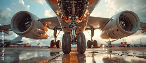 Low-angle view of an airplane on the tarmac, with landing gear and jet engines prominently featured at sunrise.