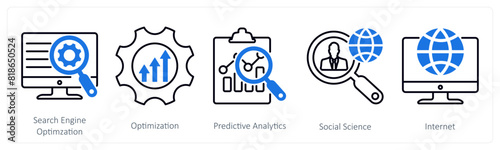 A set of 5 Industrial icons as search engine optimization, optimization, predictive analytics