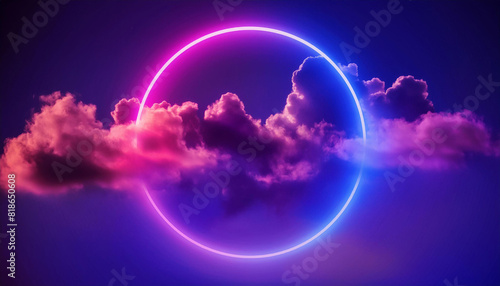 3d render, abstract minimal background, pink blue neon light round frame with copy space, illuminated stormy clouds, glowing ring geometric shape.