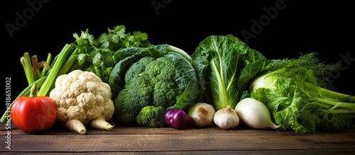 A copy space image featuring a variety of fresh green vegetables including kohlrabi turnip cabbage and zucchini arranged on a wooden table and chopping board in dim lighting