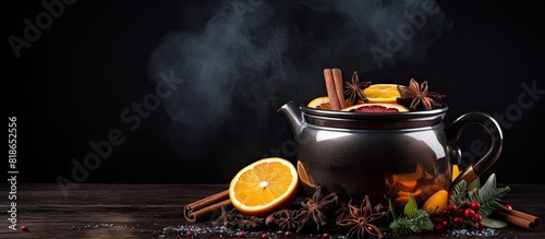 Mulled wine a traditional winter drink is served hot with fruits and spices in a vintage metal bowler on a dark gray background The image provides ample copy space