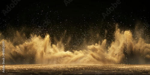 Gold sand explosion isolated on black background 