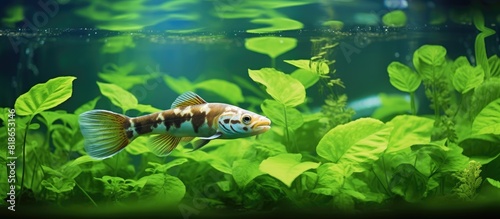 A loach swimming gracefully amidst an abundance of large vibrant green leaves in a beautifully serene copy space image