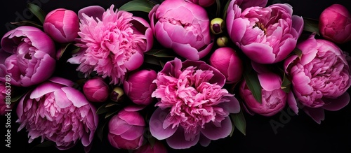 A beautiful arrangement of pink peony flowers surrounds a copy space image against a dark black background in a flat lay position