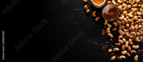 Top view of a pile of peanuts on a dark stone background with a round hole serving as a copy space image The salty beer snack is presented on a black table