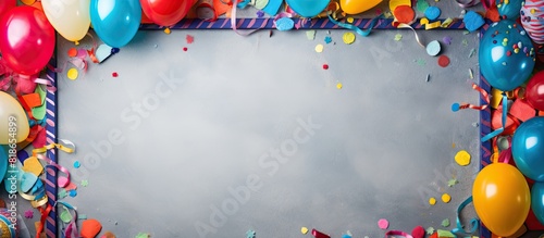 A festive frame for birthdays or carnivals featuring colorful party items against a backdrop of textured stone Perfect for a copy space image 130 characters