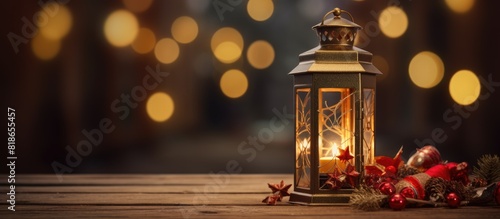A festive Christmas lantern adorned with various decorations perfect for adding a touch of holiday spirit to any space 115 characters. with copy space image. Place for adding text or design