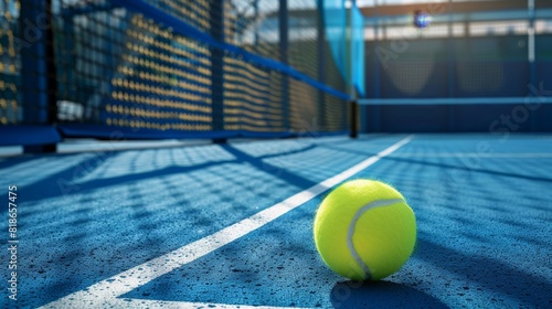 A yellow tennis ball is stationary on a green tennis court, surrounded by white boundary lines and a net. horizontal banner for sports concept, copy space