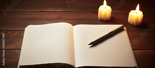 Glimpse the dimly lit scene of a blank white notebook with a pen ready for words to grace its empty pages Copy space image