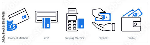 A set of 5 Shopping icons as payment method, atm, swiping machine