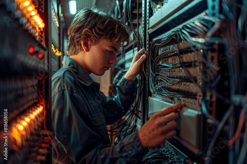 A young IT professional concentrating on working with servers in a data center filled with rows of technology equipment