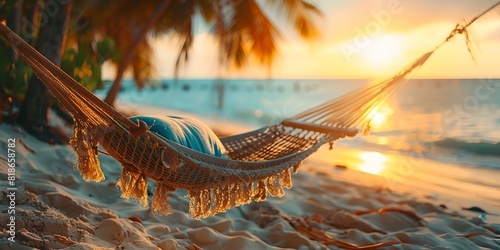 hammock on a beach with the sun setting in the background and a palm tree in the foreground