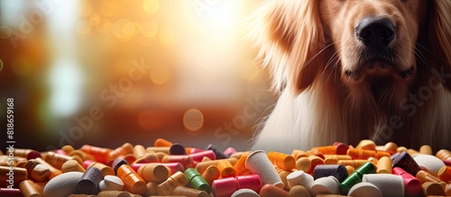 Copy space image of pet medication supplements and vitamins with pet food in the background