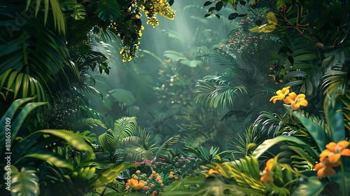 Exotic jungle scene with dense foliage and vibrant tropical flowers under a canopy of green.