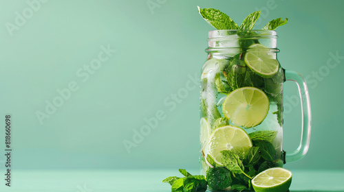 Mason jar of tasty mojito on green background