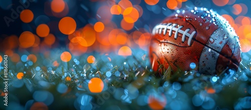 A football resting on dewy grass under stadium lights, symbolizing the thrill and spirit of the game in an atmospheric setting.