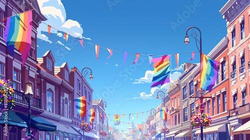 A cityscape adorned with LGBTQ+ pride flags hanging from buildings and lampposts, showcasing community support and inclusivity