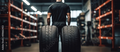 In the garage a mechanic holds a new tire with a car tire shop and service sign in the background Copy space image