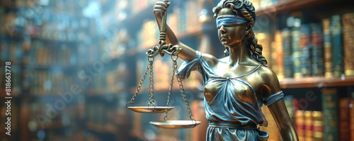 Scales of justice and the statue of lady Justice in front of an office or court room, symbolizing law protection and legal.