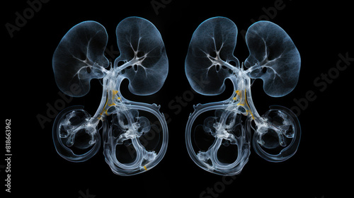 3D illustration of a pair of kidneys with the renal artery and renal vein highlighted.