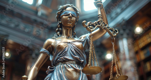 Scales of justice and the statue of lady Justice in front of an office or court room, symbolizing law protection and legal.