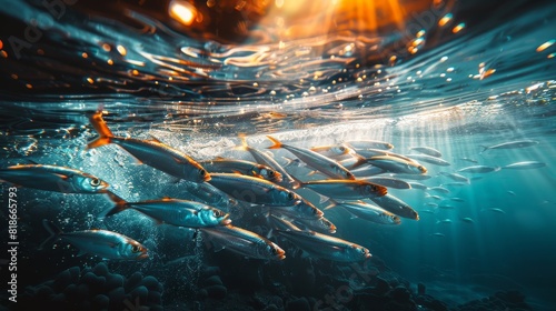 Close up underwater photography high quality image of sardine school in brilliant lighting