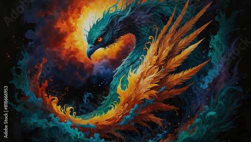 Painting with a fabulous eagle on an enchantingly fiery background
