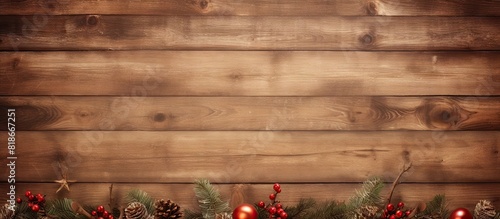 Copy space image of a festive Christmas greeting placed on the textured surface of a wooden plank