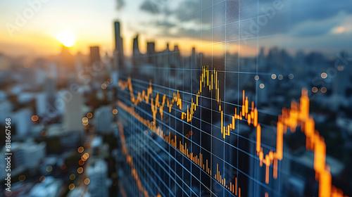 double exposure image of stock market investment graph and city on background, concept of business investment and stock future trading